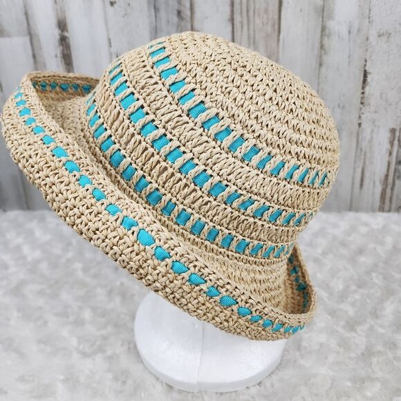 Liz Clairborne Knitted Straw Sun Hat Natural Teal - Picture 3 of 9